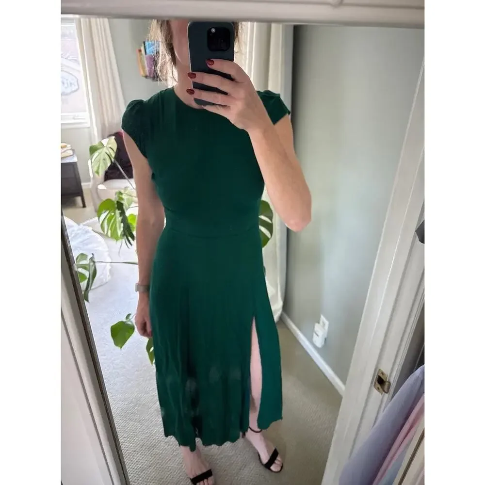 REFORMATION Emerald Green A-Line Crewneck Cap Sleeves Gavin Midi Dress Size 4 - Picture 11 of 12